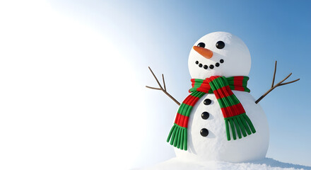 Snowman wearing a striped scarf smiling under a blue winter sky  