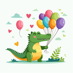 Happy crocodile holding colorful party balloons