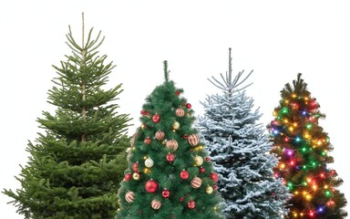 Set of Various Christmas Trees in Different Styles and Decoration Themes, Isolated on White Background