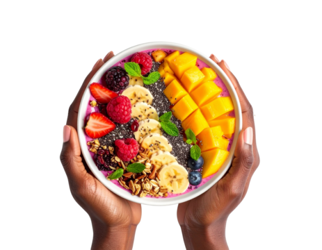 Hands holding smoothie bowl with fruit isolated on transparent background