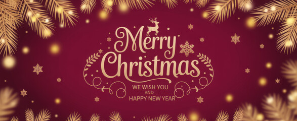 Elegant Merry Christmas greeting card featuring golden pine branches and snowflakes perfect for holiday season promotions