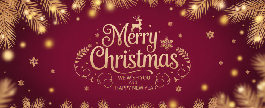 Elegant Merry Christmas greeting card featuring golden pine branches and snowflakes perfect for holiday season promotions