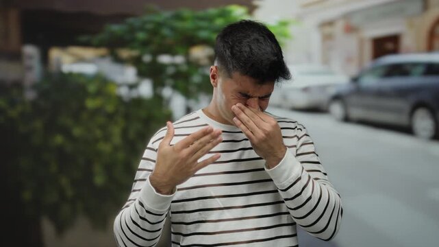 Young man in striped shirt covering nose while standing in a city street during the day.