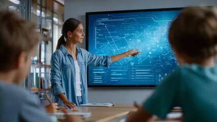 A woman educator engages young learners with futuristic data visualizations on a large digital display in a bright, contemporary classroom. The scene emphasizes STEM learning and digital literacy - Powered by Adobe