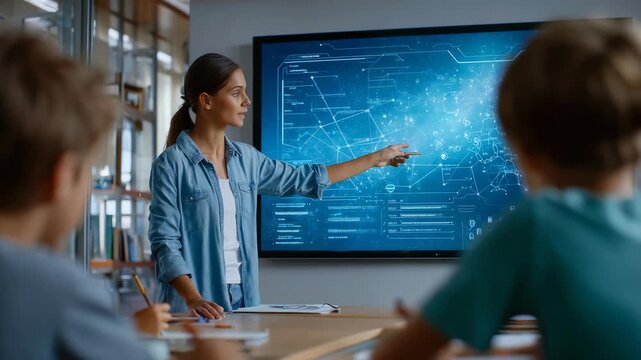 A woman educator engages young learners with futuristic data visualizations on a large digital display in a bright, contemporary classroom. The scene emphasizes STEM learning and digital literacy - Powered by Adobe