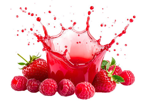 Raspberry juice splash with raspberries and strawberries isolated on transparent background - Powered by Adobe