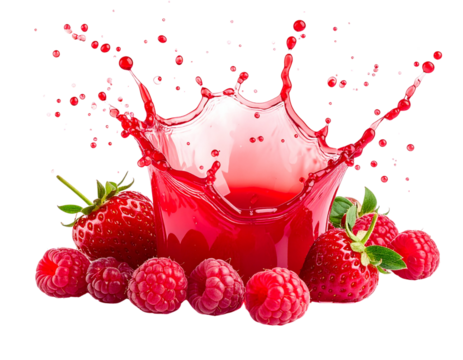 Raspberry juice splash with raspberries and strawberries isolated on transparent background