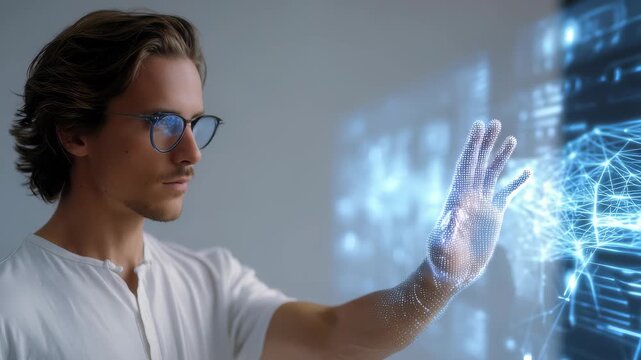 A focused individual uses a virtual touchscreen, engaging with artificial intelligence and data visualization. The image represents digital transformation and the future of human computer interaction