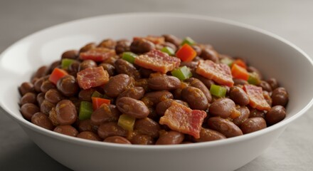 Baked Beans with Bacon and Peppers in White Bowl