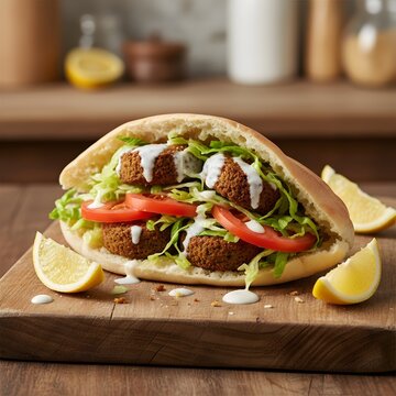 Pan pita relleno con falafel, lechuga, tomate y salsa de yogur, servido en tabla de madera r&uacute;stica con lim&oacute;n fresco al costado
