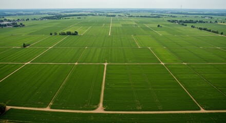 Aerial View of Vast Green Farmland with Rows of Crops