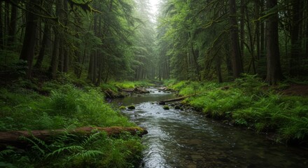 Obraz premium Lush Green Forest Stream with Sunlight