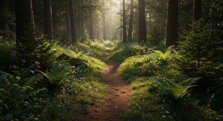Obraz premium Sunlit Forest Path with Purple Flowers