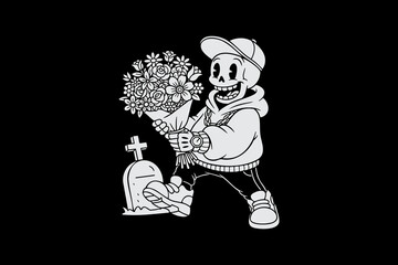Smiling Cartoon Skeleton in Streetwear Holding a Bouquet of Flowers.