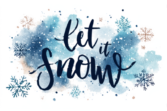 Let it snow calligraphy with watercolor background winter holiday season greeting card festive design element for Christmas and New Year