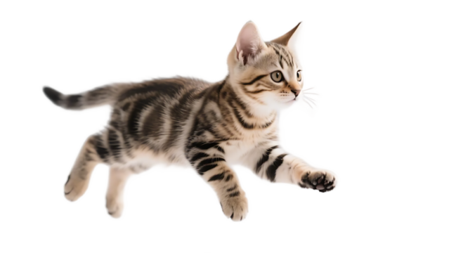 A young tabby kitten is captured in mid-air, displaying its playful and energetic movement with visible stripes and curious expression.