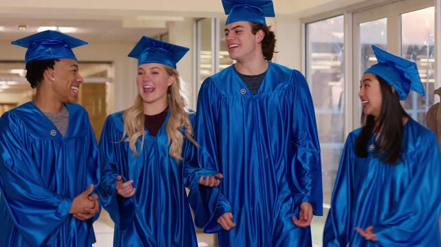 New graduates walk together down a hallway in blue caps and gowns