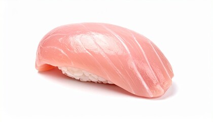 A close-up of nigiri sushi featuring a smooth slice of pink raw fish atop vinegared rice