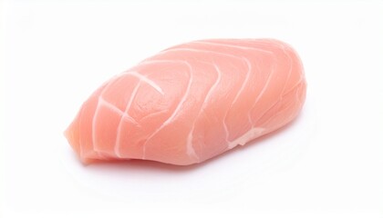 A close-up of nigiri sushi featuring a smooth slice of pink raw fish atop vinegared rice