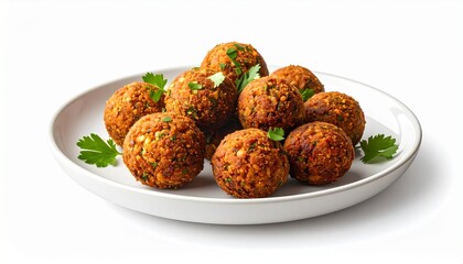 Golden-brown falafel balls arranged on a white plate with lettuce and parsley garnish