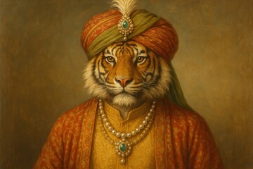 Regal anthropomorphic tiger in royal attire
