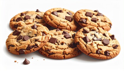 golden brown chocolate chip cookies rest on a white surface