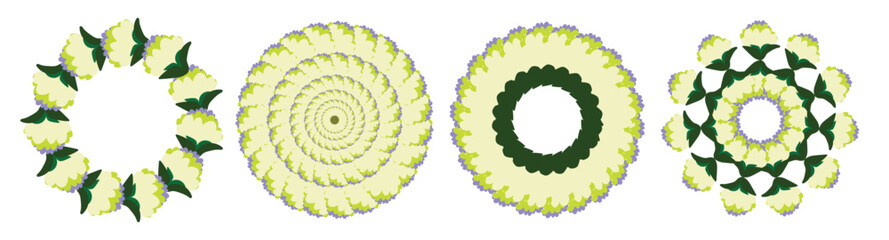 Floral mandala pattern with layered petals and green leaves in a circular decorative design