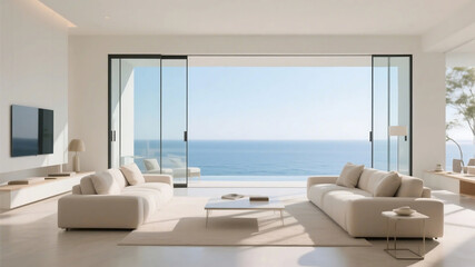 A modern living room with large glass windows offering a stunning sea view, featuring minimalist furniture and bright lighting.