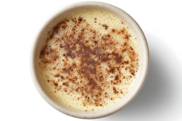 Overhead view of eggnog in a ceramic bowl a traditional holiday drink perfect for seasonal celebrations and festive menus