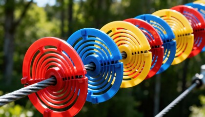 Focused view of multicolor bird diverters spiraled around power line cables highlighting innovative wildlifepreserving installation in natural outdoor setting
