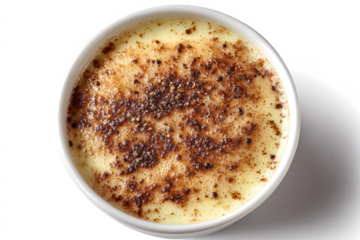 Overhead view of creme brulee in a white ramekin a classic French dessert with a caramelized sugar crust isolated on white