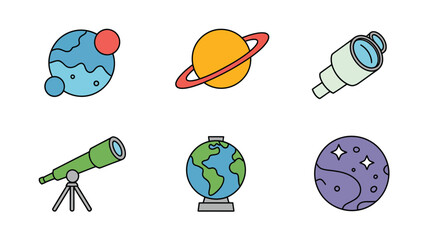 Collection of colorful cartoon planets telescopes and earth globe illustrations