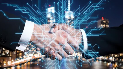 Two businessmen shaking hands at night with a city skyline and glowing digital connections symbolizing partnership and global business - Powered by Adobe