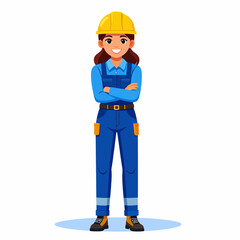 Smiling Female Construction Worker with Arms Crossed Wearing Blue Coverall and Yellow Hard Hat