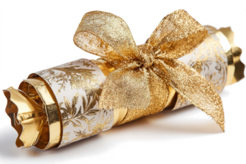 Festive gold Christmas cracker with a ribbon bow isolated on white perfect for holiday celebrations and seasonal designs