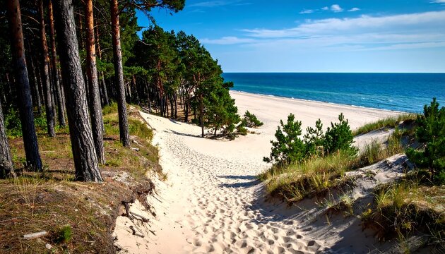 Sandy beach path through dunes to a tranquil ocean