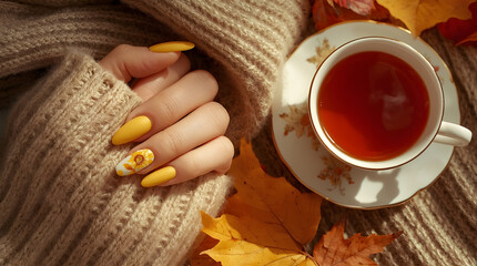 Stylish mustard nail polish and sunflower art in autumn setting