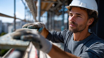 A construction worker inspecting his work with careful consideration, showcasing the dedication and meticulousness inherent to building construction and craftsmanship.