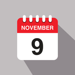 9 november calendar date icon. vector illustration with shadow design