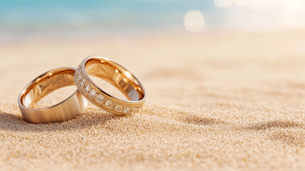 Two golden wedding rings partially buried in sand with sunlight reflection