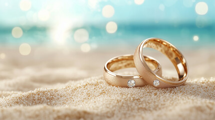 Romantic close-up of wedding rings on sandy surface