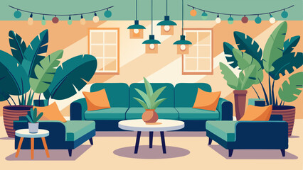 Fototapeta premium A cozy lounge area with couches and plants perfect for socializing and relaxing during breaks.