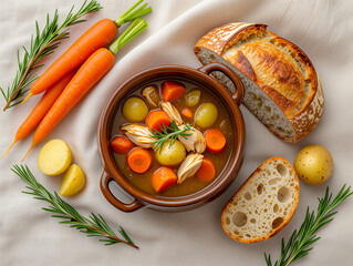 Hearty soup with chicken, carrots, and potatoes in a ceramic bowl, served with bread on a clean, light-colored cloth  