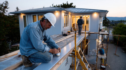 Fototapeta premium A dedicated worker conducts metalwork on a house roof during twilight, illustrating the blend of skilled craftsmanship and the allure of the fading evening light in construction efforts.