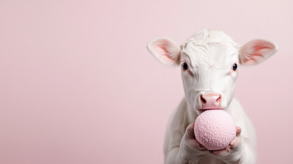 Naklejka premium Pink cow in minimalist studio composition