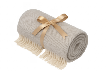 Rolled blanket gift with ribbon tie on transparent background