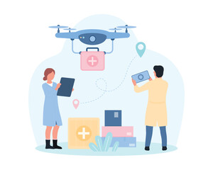 Delivery of medicines and humanitarian aid by drone vector illustration. Cartoon robot with propeller carrying emergency medical box to tiny people, doctors control drone with parcel from tablet