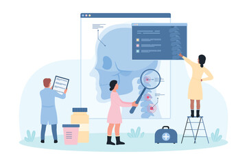 Orthopedic patients consultation due to neck pain vector illustration. Cartoon tiny people orthopedists with magnifying glass study cervical spine on medical anatomy chart, digital spinal xray scan