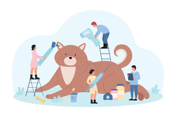 Veterinary services for pet vector illustration. Cartoon tiny veterinarians care for giant cat, doctors examine happy cute kitten health, cleaning ears and healing with vaccine in vet hospital