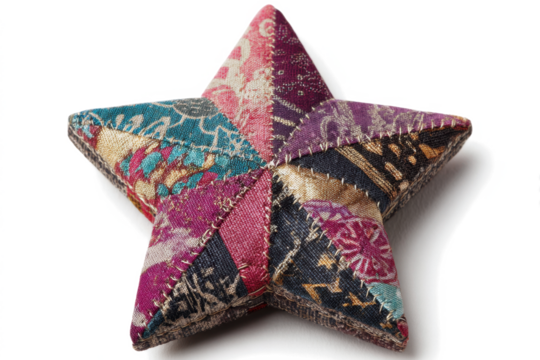 Handmade star pillow with colorful patchwork design a decorative and unique accent isolated on white background